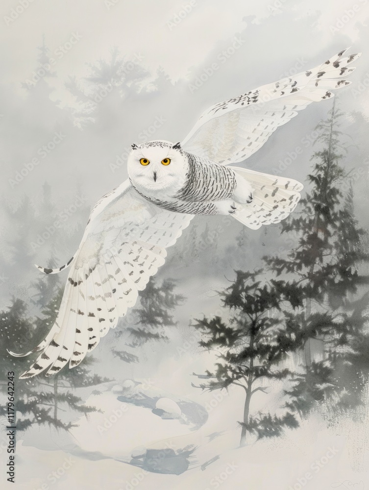 Obraz premium Snowy owl with piercing yellow eyes gracefully gliding over a tranquil snowy landscape under soft morning light