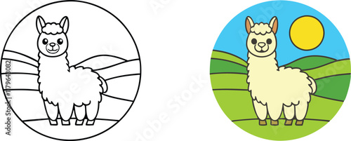 Adorable Alpaca Coloring Page Line Art and Colored Version