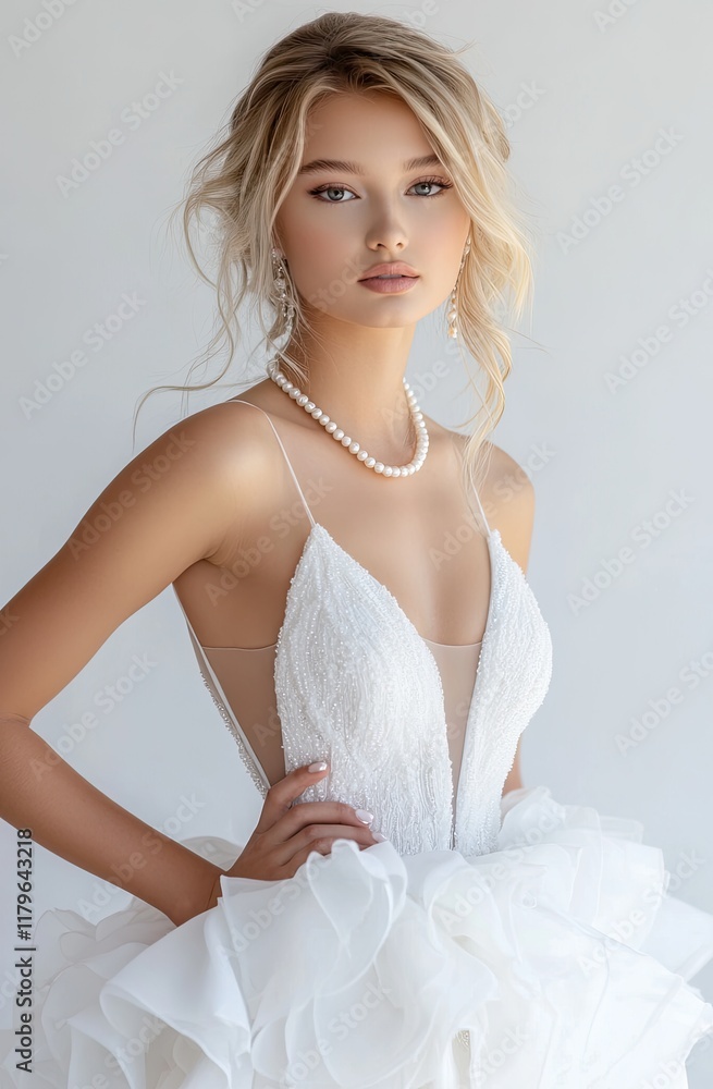 A beautiful, blonde woman in a white wedding dress, wearing a pearl necklace A beautiful, blonde woman in a white wedding dress, wearing a pearl necklace