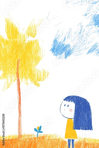 Charming Girl Contemplates Colorful Autumn Illustration: Whimsical Hand-Drawn Sketch. AI Generated