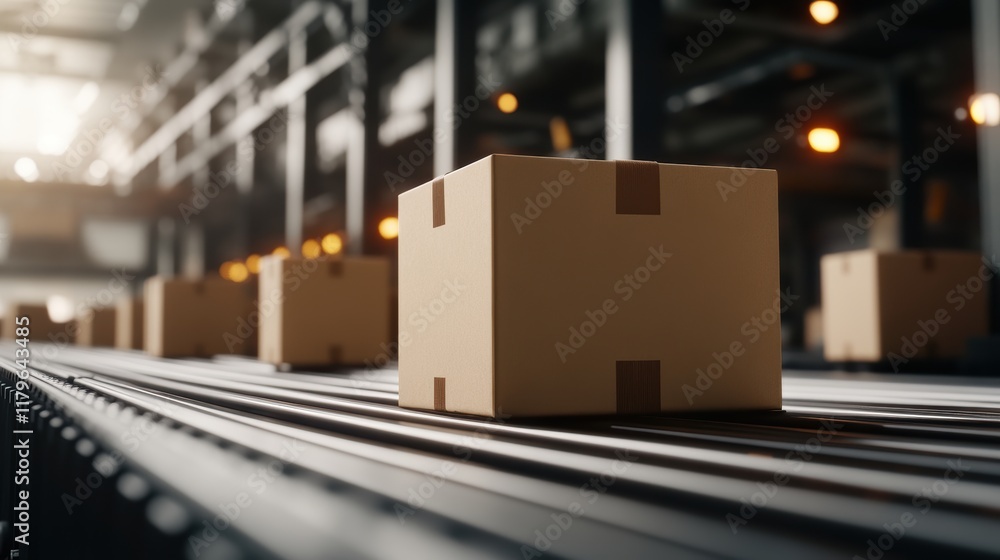 Obraz premium Efficient Industrial Factory Scene Featuring a Row of Boxes on a Conveyor Belt Under Bright Fluorescent Lighting