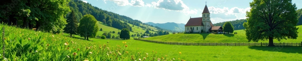 Obraz premium Lush greenery and historic church in rural setting , limousin, forest, chapel