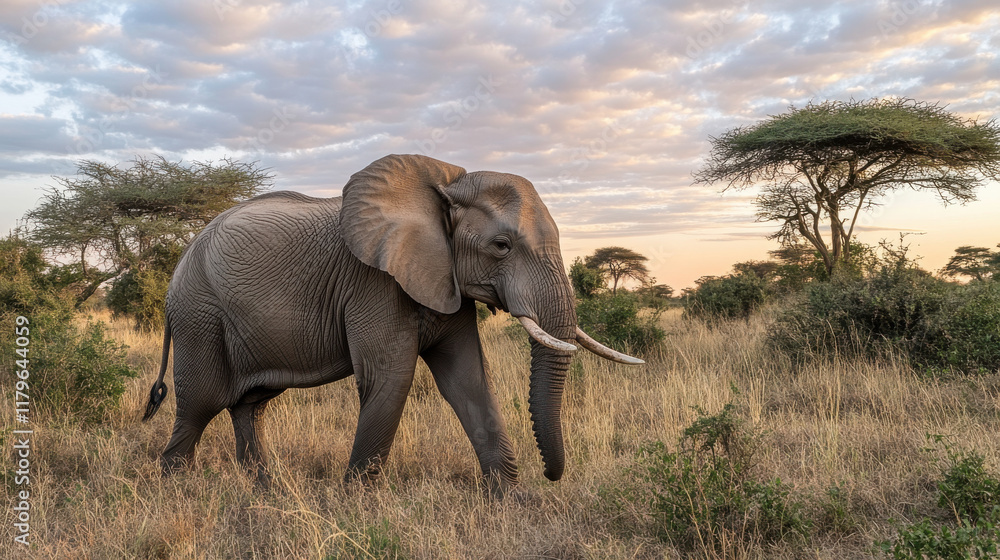 Obraz premium Stunning elephant walking through African savanna at sunset