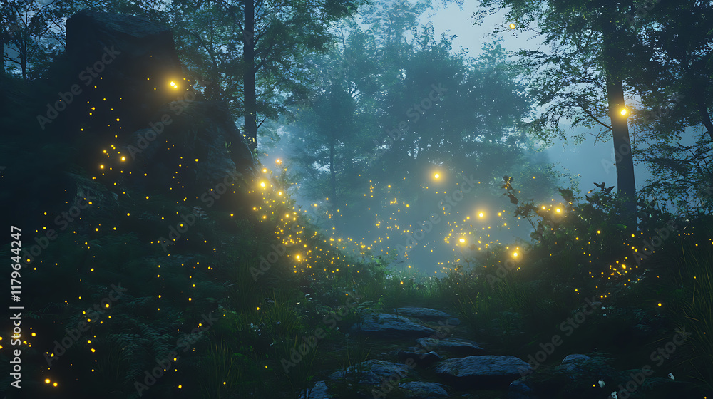 Obraz premium A mystical forest scene illuminated by glowing fireflies amidst fog and lush greenery.