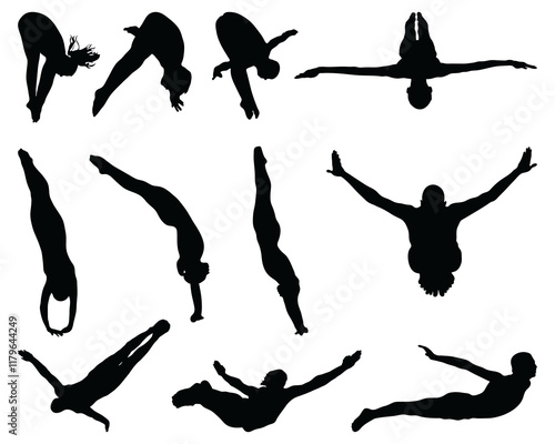 Black silhouettes of jumping people into the water, on a white background	