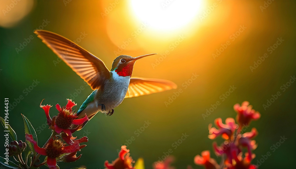 Fototapeta premium A hummingbird with a long beak hovering near a red flower against a blurred green background