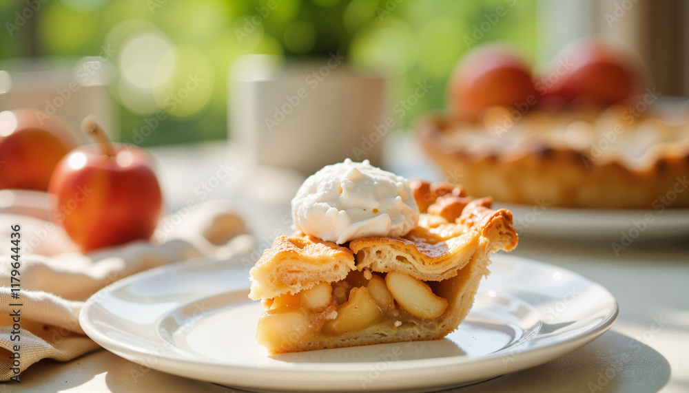 Delicious apple pie slice with whipped cream in a roadside café setting Delicious apple pie slice with whipped cream in a roadside café setting