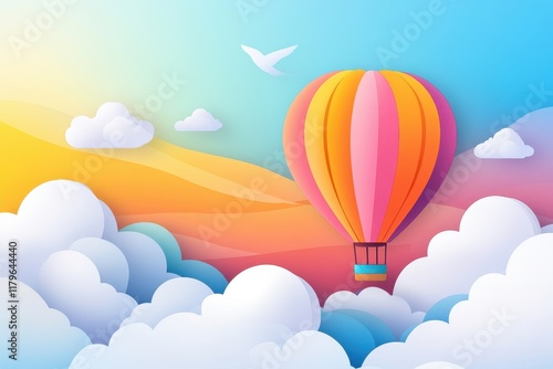 A colorful hot air balloon floating above the clouds, cartoon style