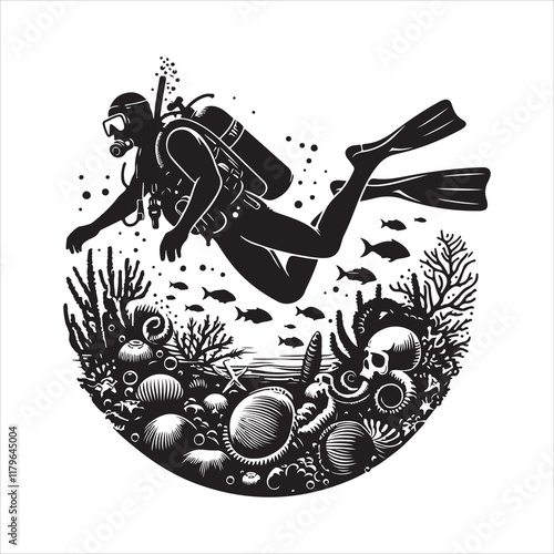 Scuba and snorkeling vector silhouettes Diving, diver silhouettes, Scuba diver with underwater equipment vector