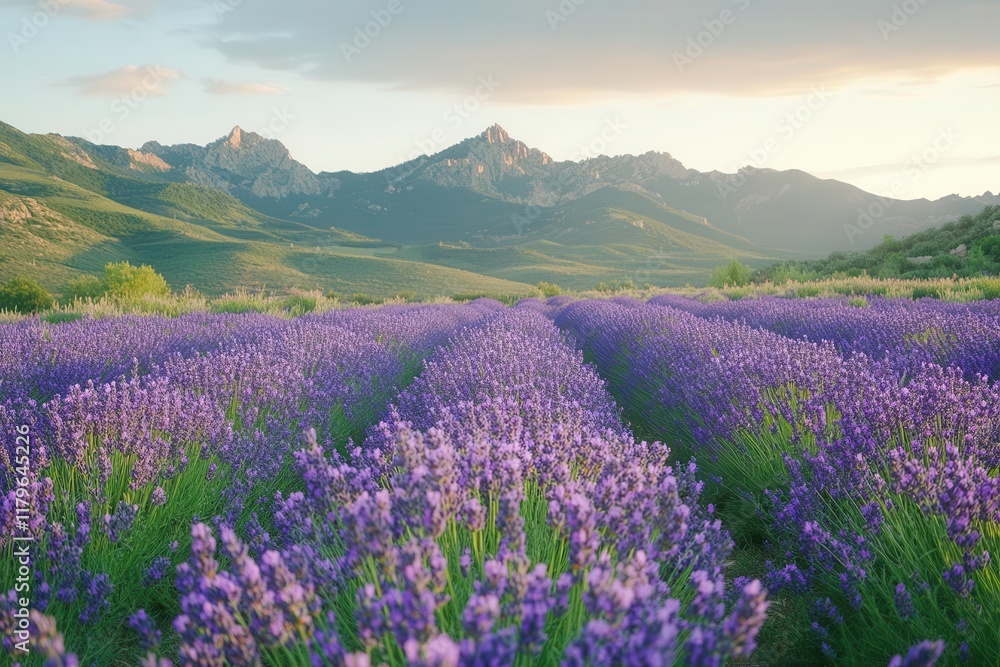 Fototapeta premium organic lavender field at sunset with purple blooms swaying in gentle breeze against dramatic mountain backdrop
