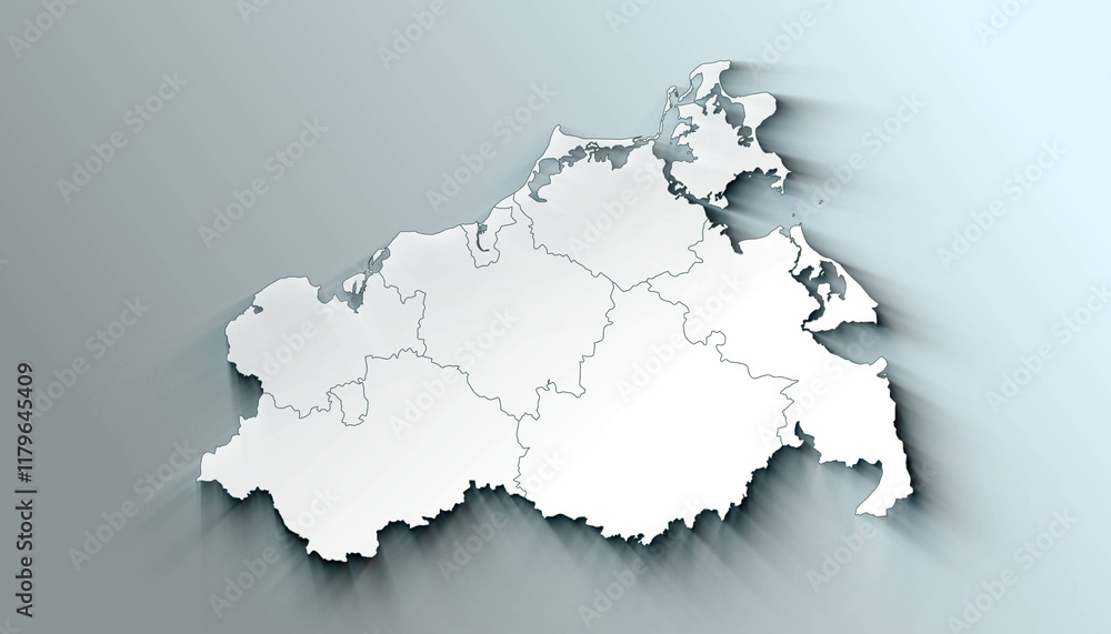 Minimalist 3D Map of Mecklenburg Vorpommern Germany Administrative with District Borders