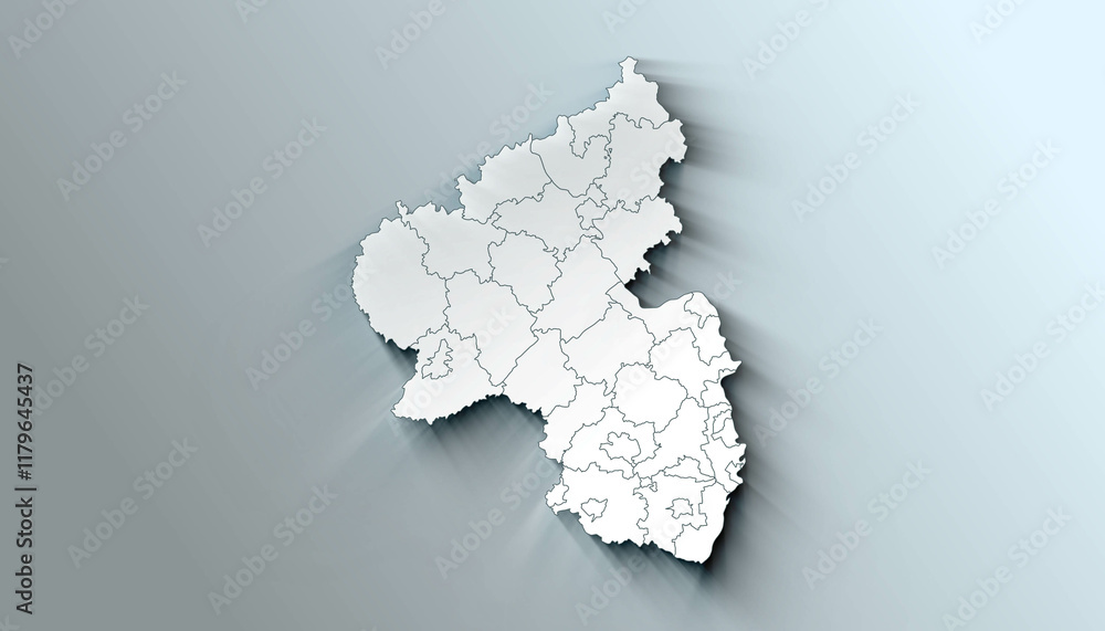 Minimalist 3D Map of Rhineland Palatinate Germany Administrative with District Borders