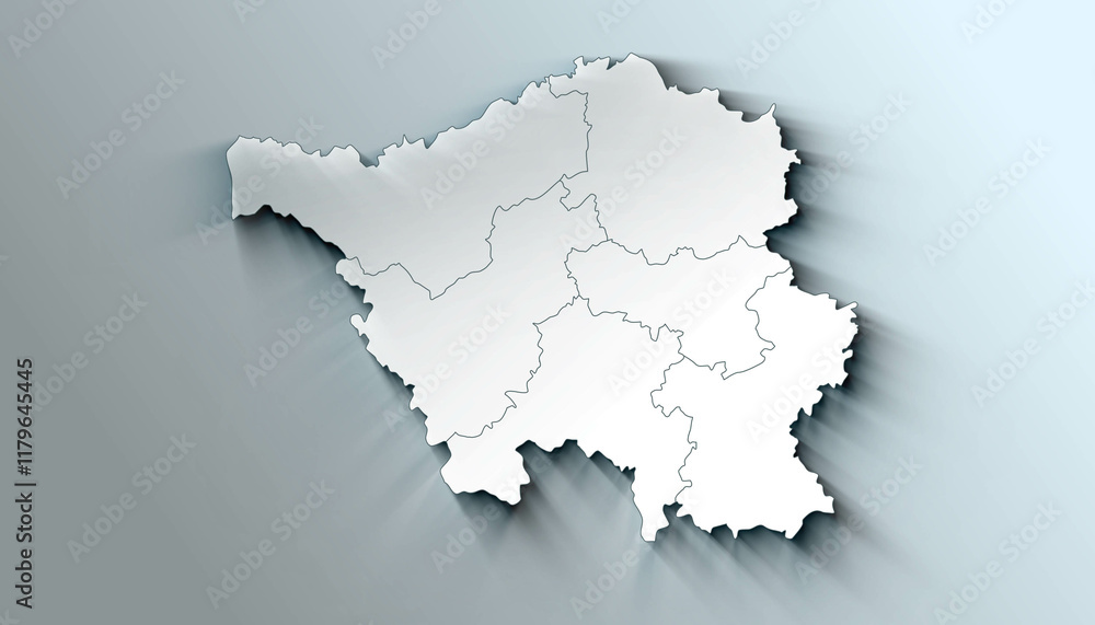Minimalist 3D Map of Saarland Germany Administrative with District Borders