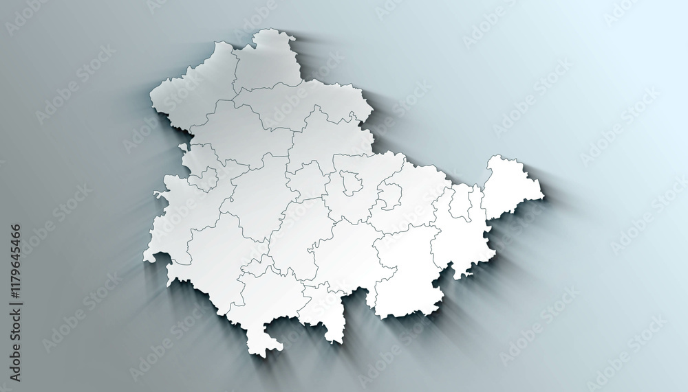 Minimalist 3D Map of Thuringia Germany Administrative with District Borders