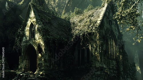 Ancient stone chapel overgrown with vegetation in a dense forest. photo