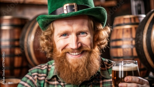 Cheerful man celebrating St. Patrick's Day with a beer in a festive atmosphere photo