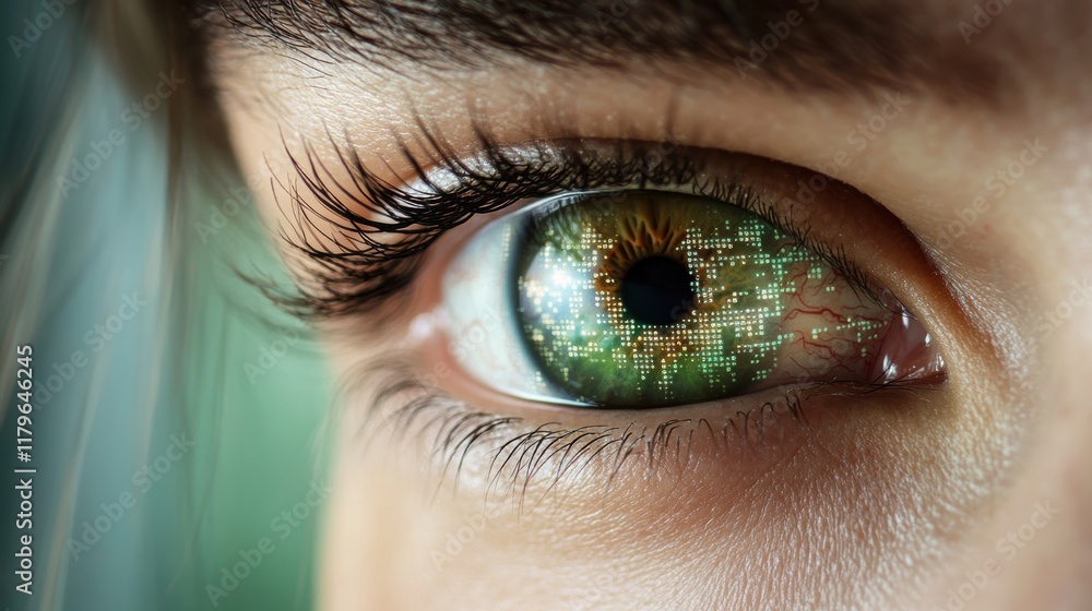 Fototapeta premium Intricate Close Up of a Human Eye Featuring a Detailed Circuit Board Pattern in the Pupil Showcasing Technology and Vision