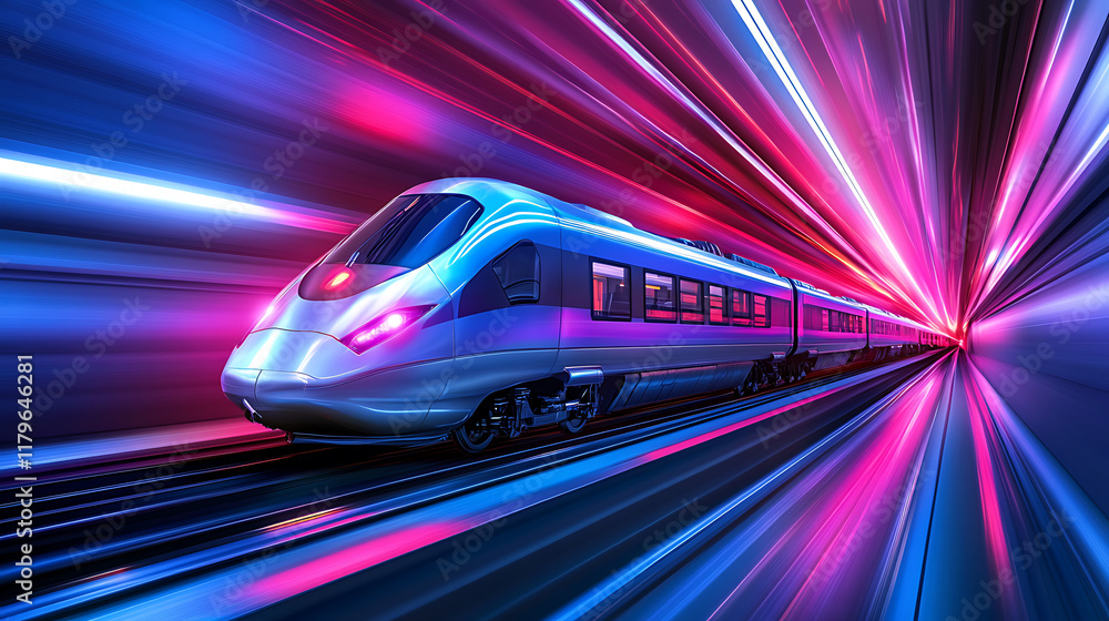 Fototapeta premium A futuristic train speeds through a vibrant, colorful tunnel of light.