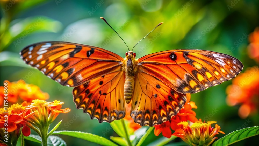 Gulf Fritillary Butterfly on Tropical Flower - Left Side Copy Space Stock Photo Gulf Fritillary Butterfly on Tropical Flower - Left Side Copy Space Stock Photo