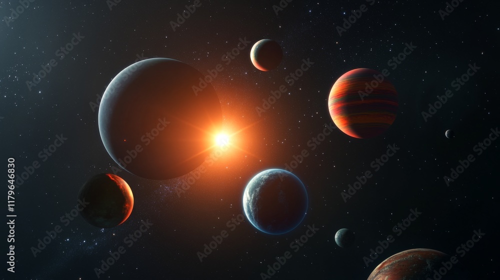 Naklejka premium A stunning visualization of a distant solar system featuring multiple planets orbiting a bright star amidst a starry backdrop.