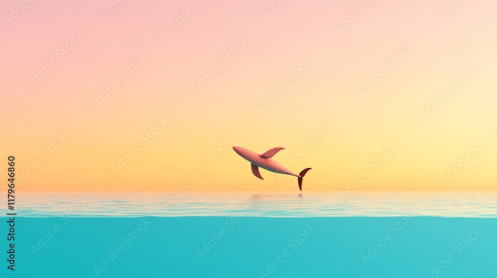 Naklejka premium A shark leaps out of a tranquil ocean, silhouetted against a pastel sunset sky, creating a serene yet dynamic coastal scene.