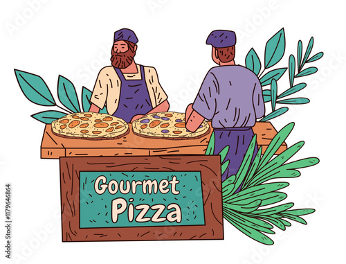 Gourmet pizza stall chefs preparing pizzas surrounded by green leaves wooden counter two people wearing aprons casual outdoor setting