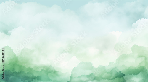 Watercolor background with soft green clouds