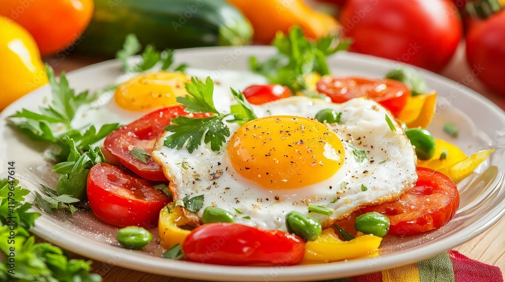 Sunny-side up eggs, vegetables breakfast. Sunny-side up eggs, vegetables breakfast.