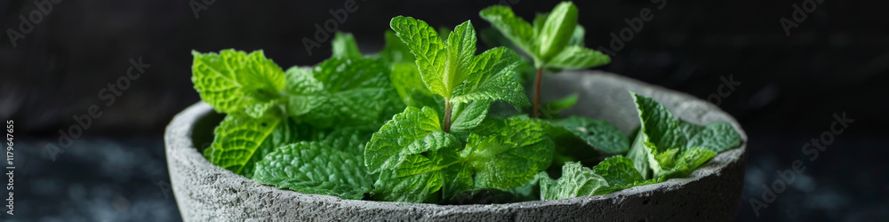 Fresh green peppermint in a concrete bowl. Fresh green peppermint in a concrete bowl.