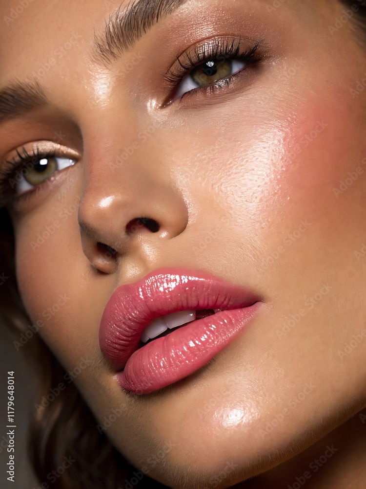 Fototapeta premium Close-up of glossy pink lips with smooth radiant skin