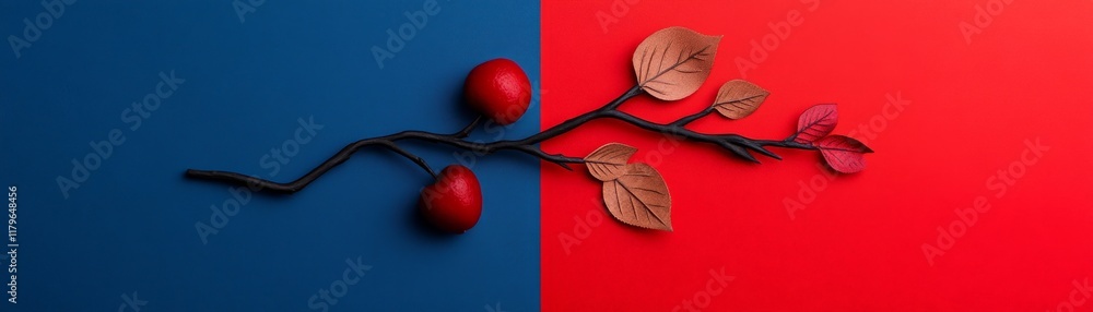 Red and Blue Minimalism: A captivating composition featuring a delicate branch with red berries and brown leaves against a vibrant split background of bold red and deep blue. Simple yet striking. Red and Blue Minimalism: A captivating composition featuring a delicate branch with red berries and brown leaves against a vibrant split background of bold red and deep blue. Simple yet striking.