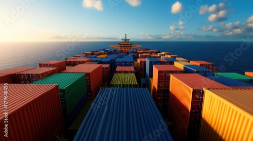 A Vast Collection of Colorful Shipping Containers Floating on Tranquil Ocean Waters Under a Clear Blue Sky in Daylight photo