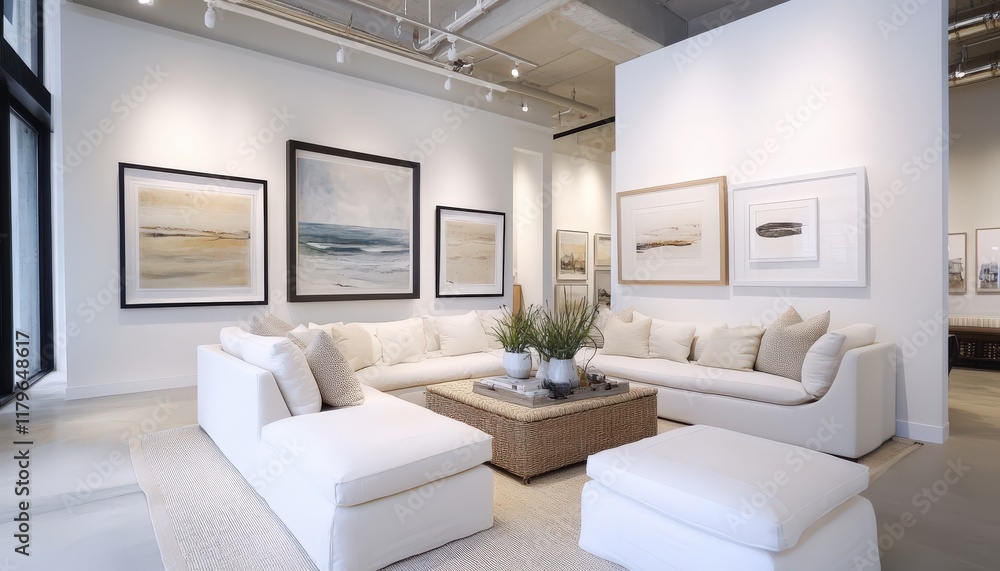 Fototapeta premium Modern Minimalist Living Room Interior Design Neutral Decor White Sofa