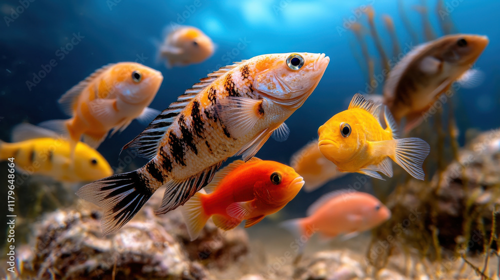 Fototapeta premium Colorful fish swimming in vibrant underwater scene, showcasing variety of species and hues. lively aquatic environment is filled with plants and rocks, creating serene atmosphere
