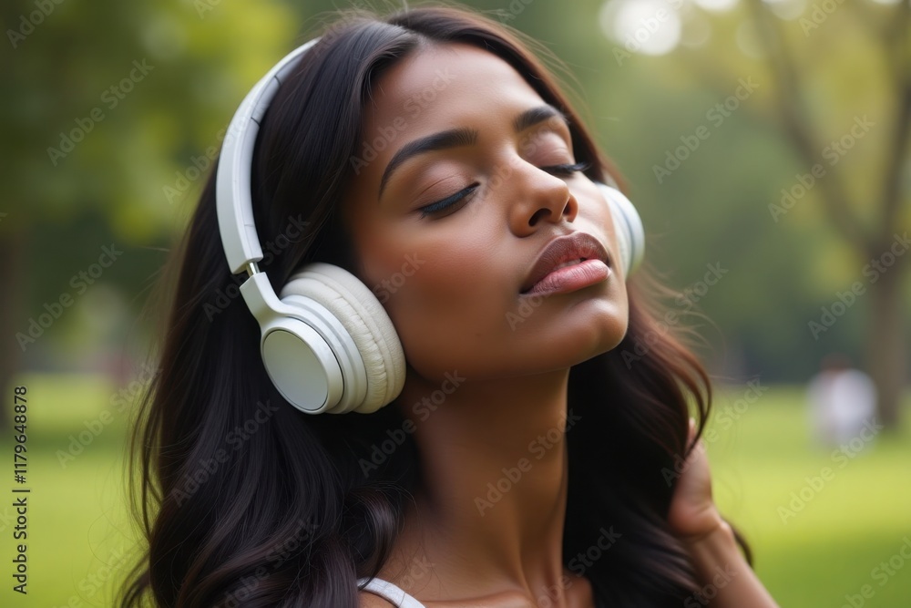 Young woman with headphones enjoying music against green park backdrop Young woman with headphones enjoying music against green park backdrop