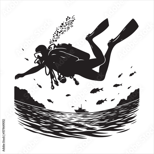 Scuba and snorkeling vector silhouettes Diving, diver silhouettes, Scuba diver with underwater equipment vector