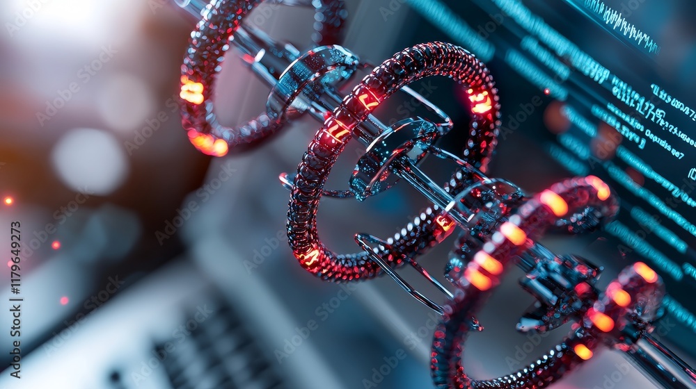 Fototapeta premium Abstract Futuristic Technology Glowing DNA Helix Rotating Over Digital Code