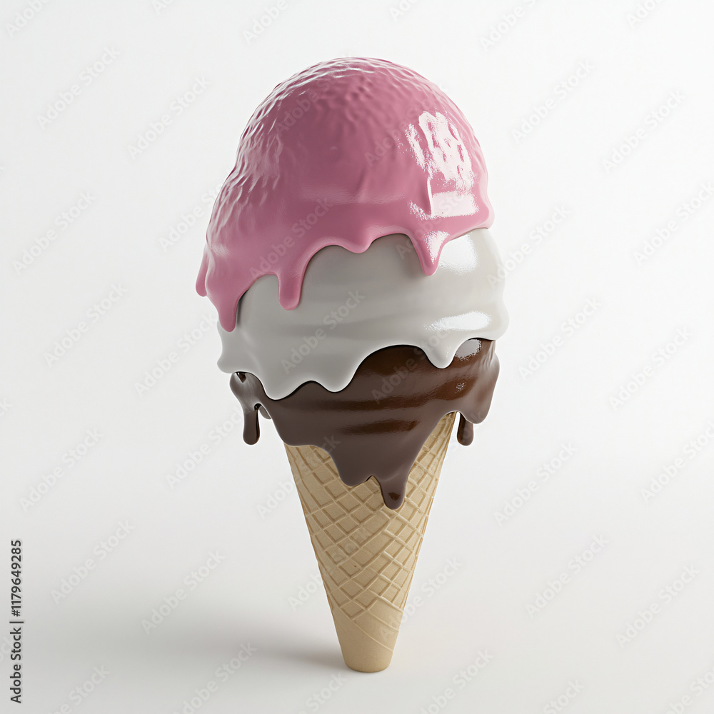 A 3D render of mixed strawberry, chocolate, and vanilla-flavored ice cream in a waffle cone, isolated on a white background with creamy, colorful swirls