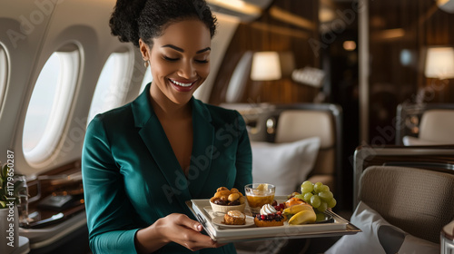 A flight attendant in a contemporary teal uniform, her bright smile reflecting professional charm, offers a tray of fresh fruits and pastries to a passenger seated in a plush first