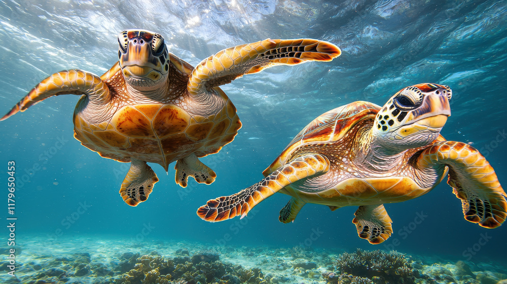 Obraz premium Giant sea turtles gliding gracefully above vibrant coral reefs create peaceful underwater scene. Their majestic movements showcase beauty of marine life