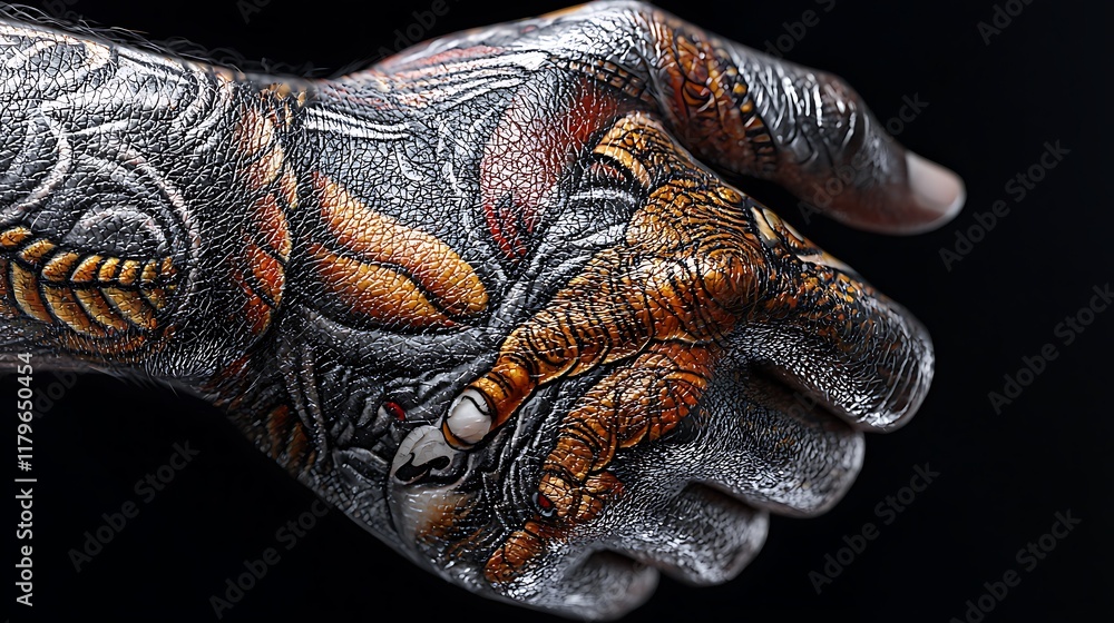 Close-up of a hand with intricate tiger and floral tattoos. Close-up of a hand with intricate tiger and floral tattoos.