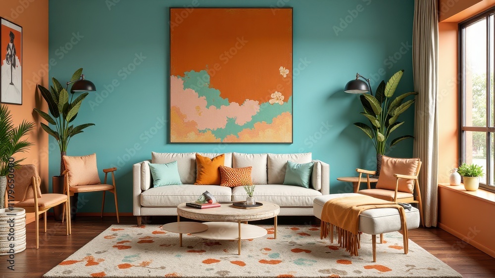Fototapeta premium A vibrant living room features a striking turquoise wall, accented with pops of fiery orange, and anchored by a majestic abstract painting with swirling white clouds amidst a kaleidoscope of orange an