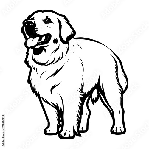 Golden Retriever dog standingcalmly with a friendly expression in a black and white illustration
