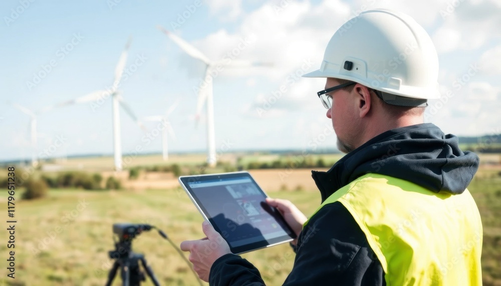 Engineer Inspecting Wind Turbines with Tablet Engineer Inspecting Wind Turbines with Tablet