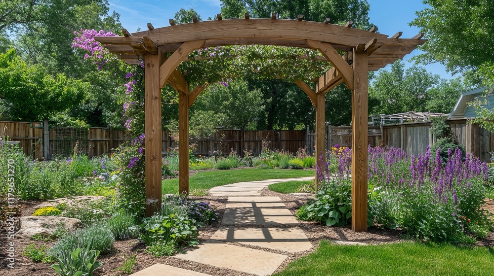 A Serene Garden Pergola with Lush Flowers and a Meandering Path. A Stunning Outdoor Oasis for Relaxation and Beauty. A Serene Garden Pergola with Lush Flowers and a Meandering Path. A Stunning Outdoor Oasis for Relaxation and Beauty.