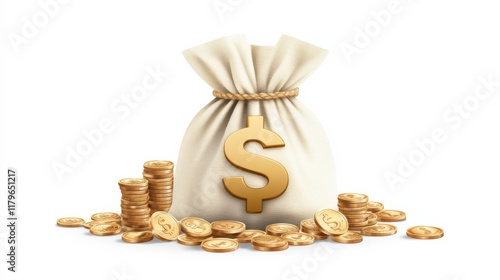 Digital Illustration of Money Bag with Coins and Dollar Sign