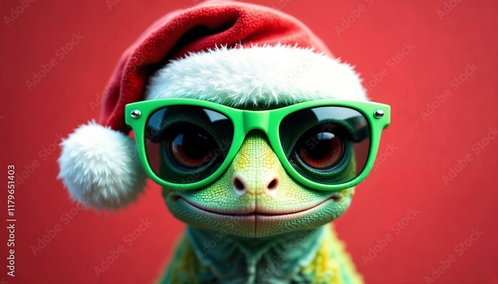 Quirky festive lizard with green sunglasses and Santa hat on bright red background Quirky festive lizard with green sunglasses and Santa hat on bright red background