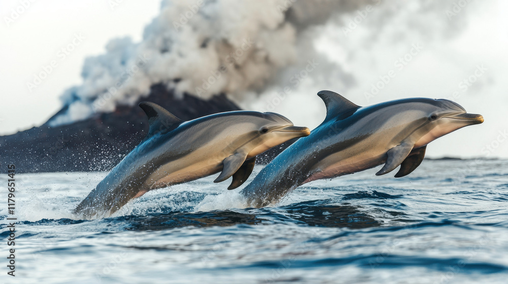 Fototapeta premium Playful dolphins leaping gracefully near underwater volcanic plume, showcasing their agility and joy in stunning natural setting