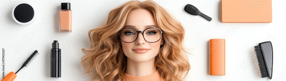 A lacefront wig styled with curtain bangs, rich copper tones, displayed elegantly with surrounding haircare tools A lacefront wig styled with curtain bangs, rich copper tones, displayed elegantly with surrounding haircare tools