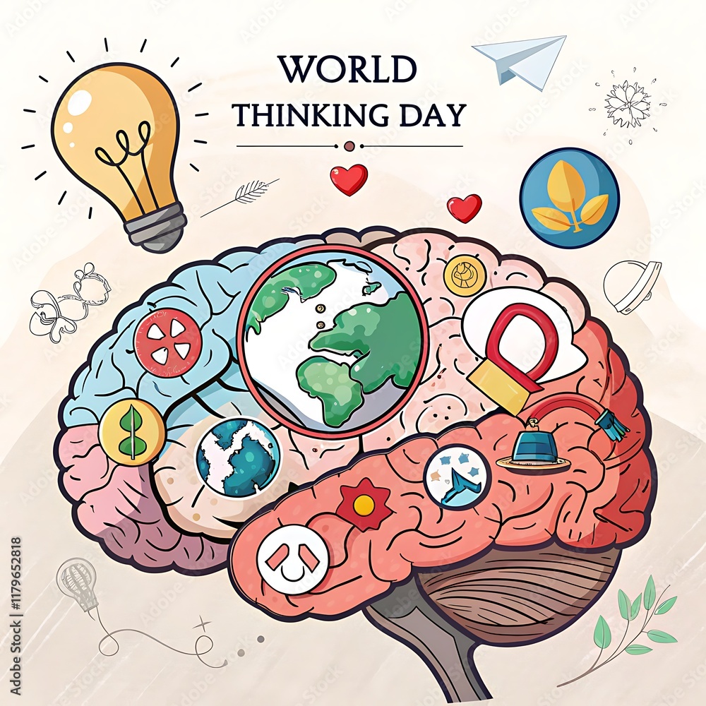 Fototapeta premium World Thinking Day Illustration Featuring a Brain with Gears,
